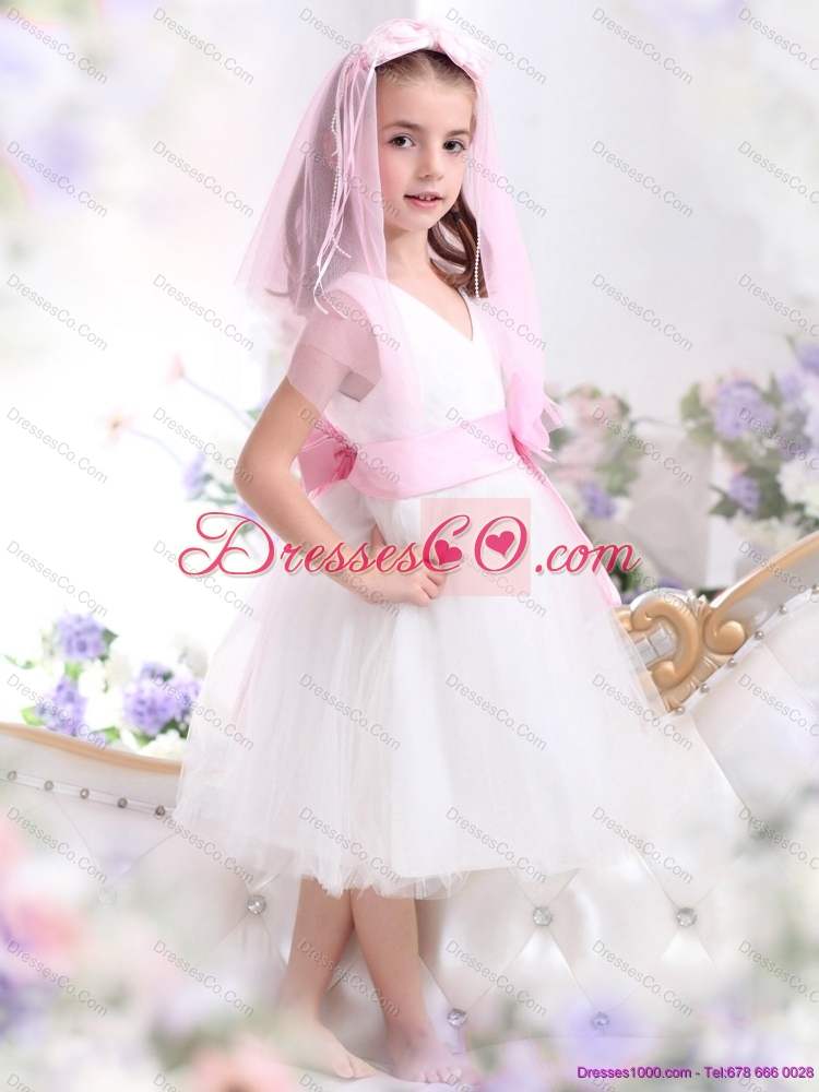 Latest White Flower Girl Dress with Baby Pink Waistband and Hand Made Flower