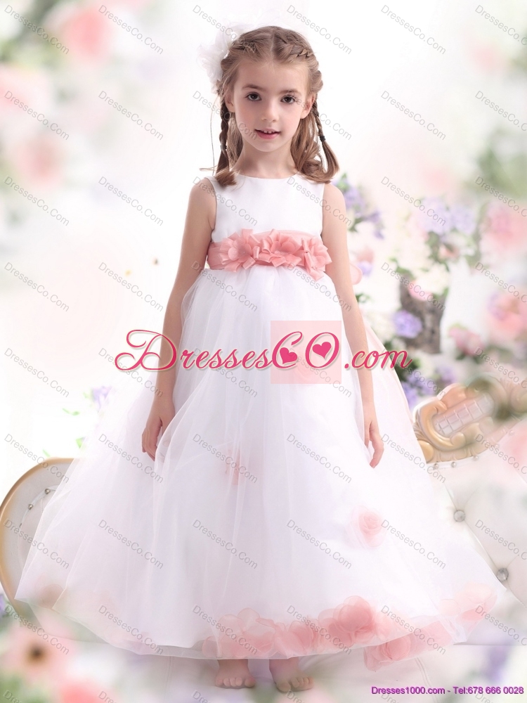 Latest White Flower Girl Dress with Pink Waistband and Hand Made Flower