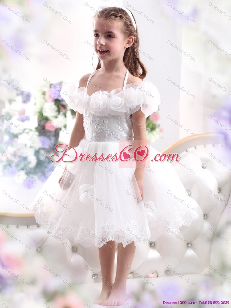 Latest White Halter Top Flower Girl Dress with Hand Made Flower
