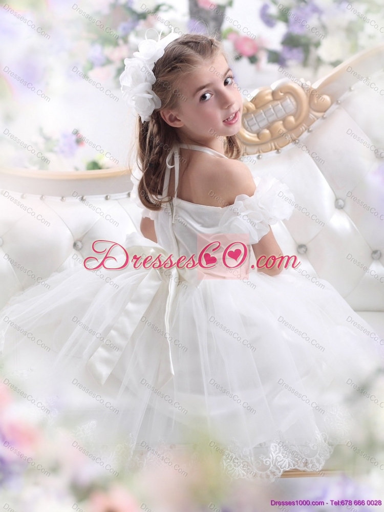 Latest White Halter Top Flower Girl Dress with Hand Made Flower