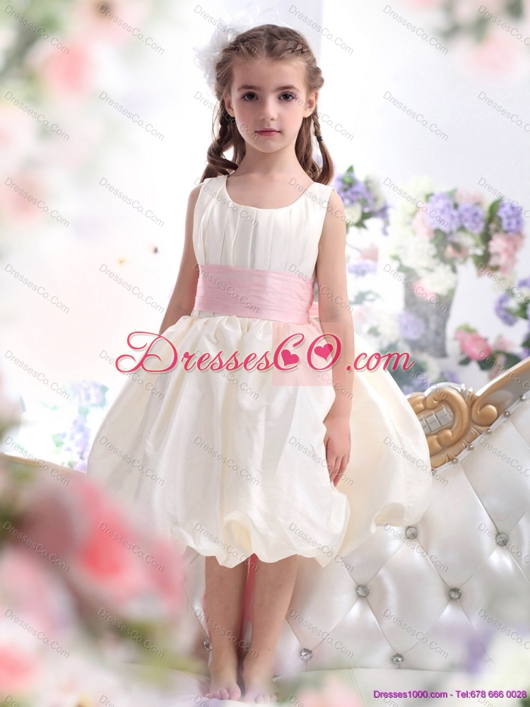 Latest White Scoop  Flower Girl Dress with Light Pink Sash