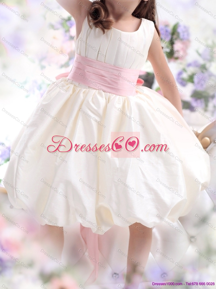 Latest White Scoop  Flower Girl Dress with Light Pink Sash