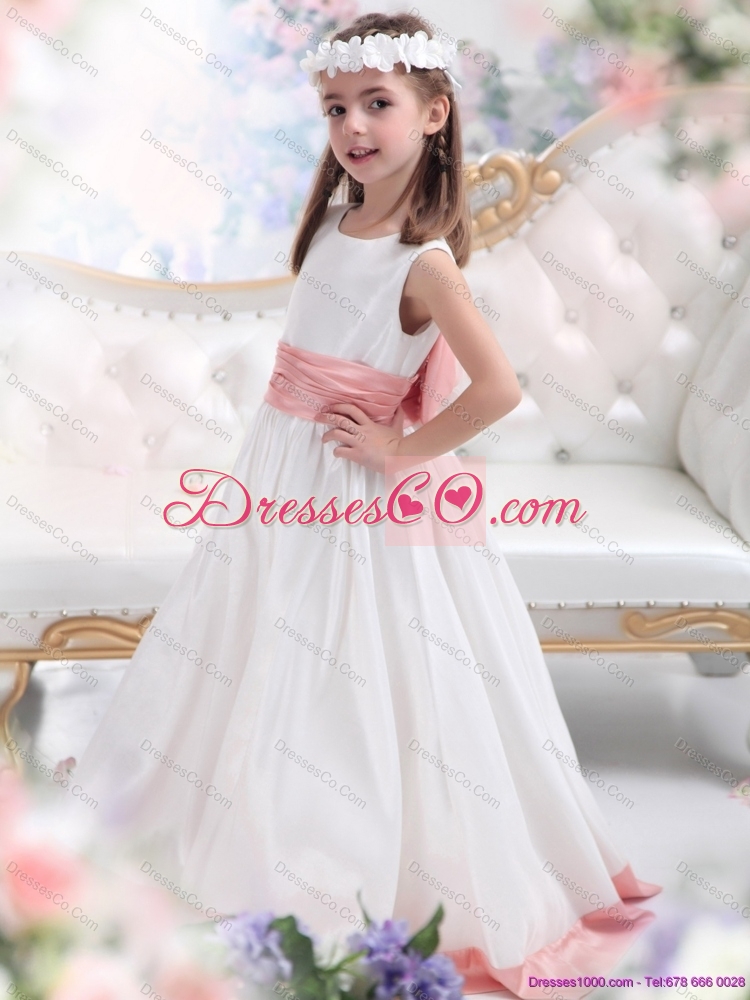 Latest White Scoop  Flower Girl Dress with Pink Waistband