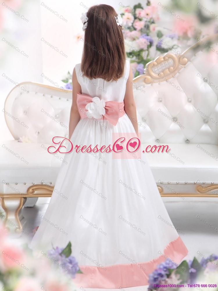 Latest White Scoop  Flower Girl Dress with Pink Waistband