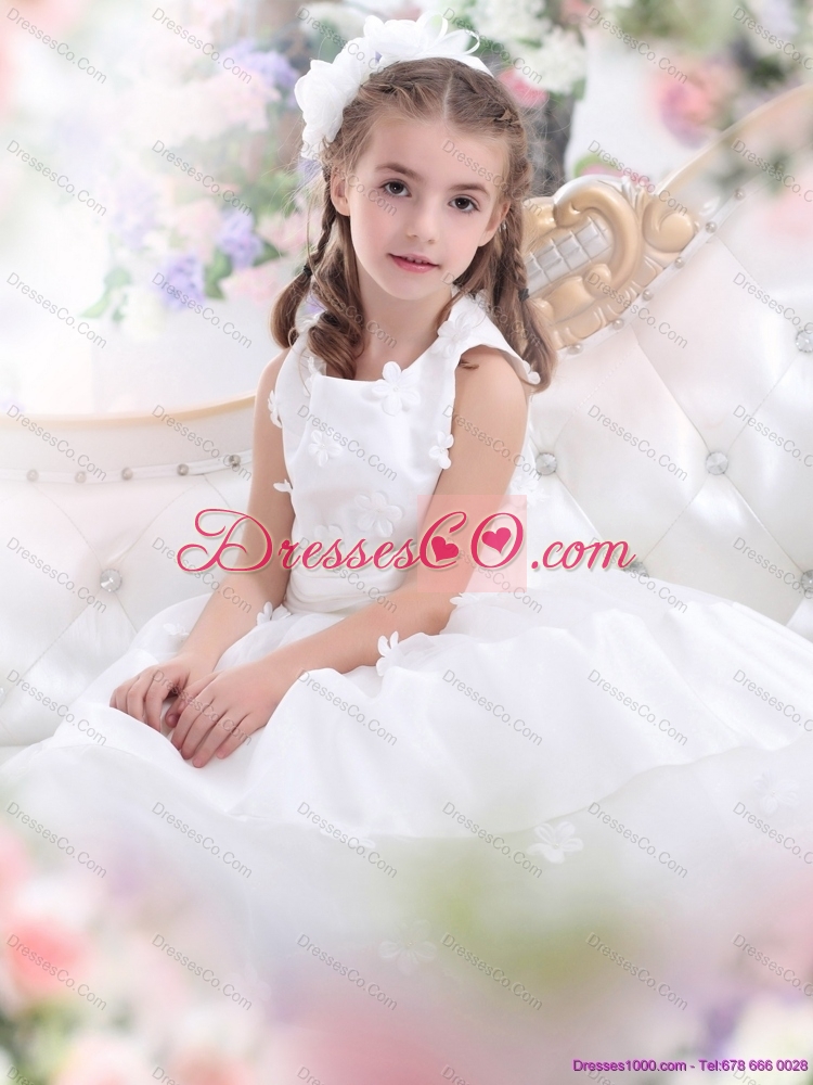 Latest White Scoop Flower Girl Dress with Appliques for