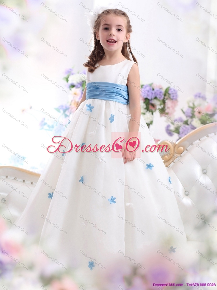 Latest White Scoop Flower Girl Dress with Baby Blue Waistband and Appliques
