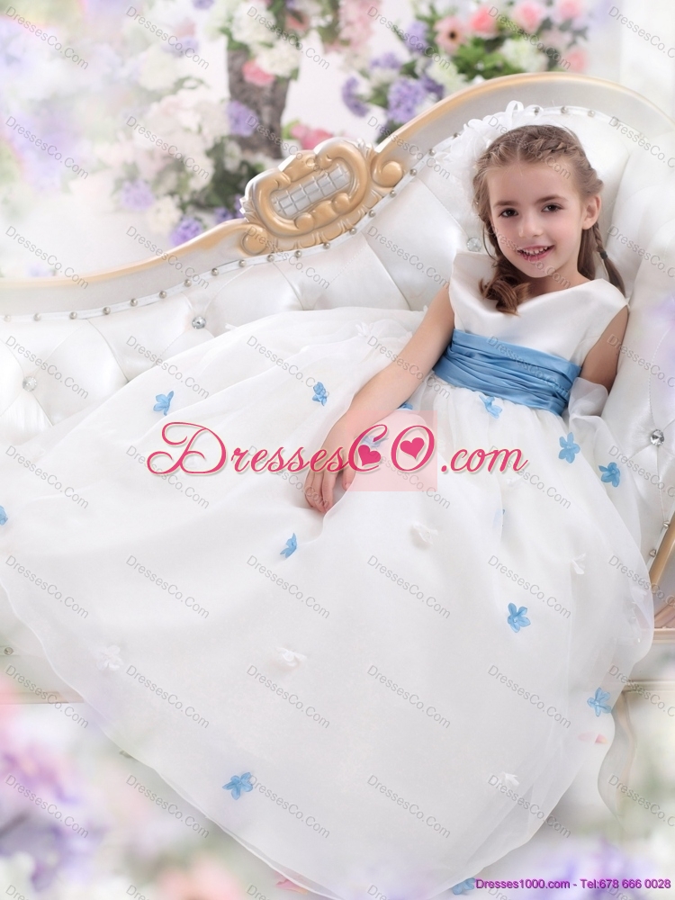 Latest White Scoop Flower Girl Dress with Baby Blue Waistband and Appliques