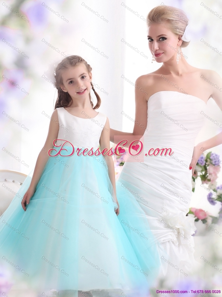 Popular White and Baby Blue Scoop Girls Party Dress for