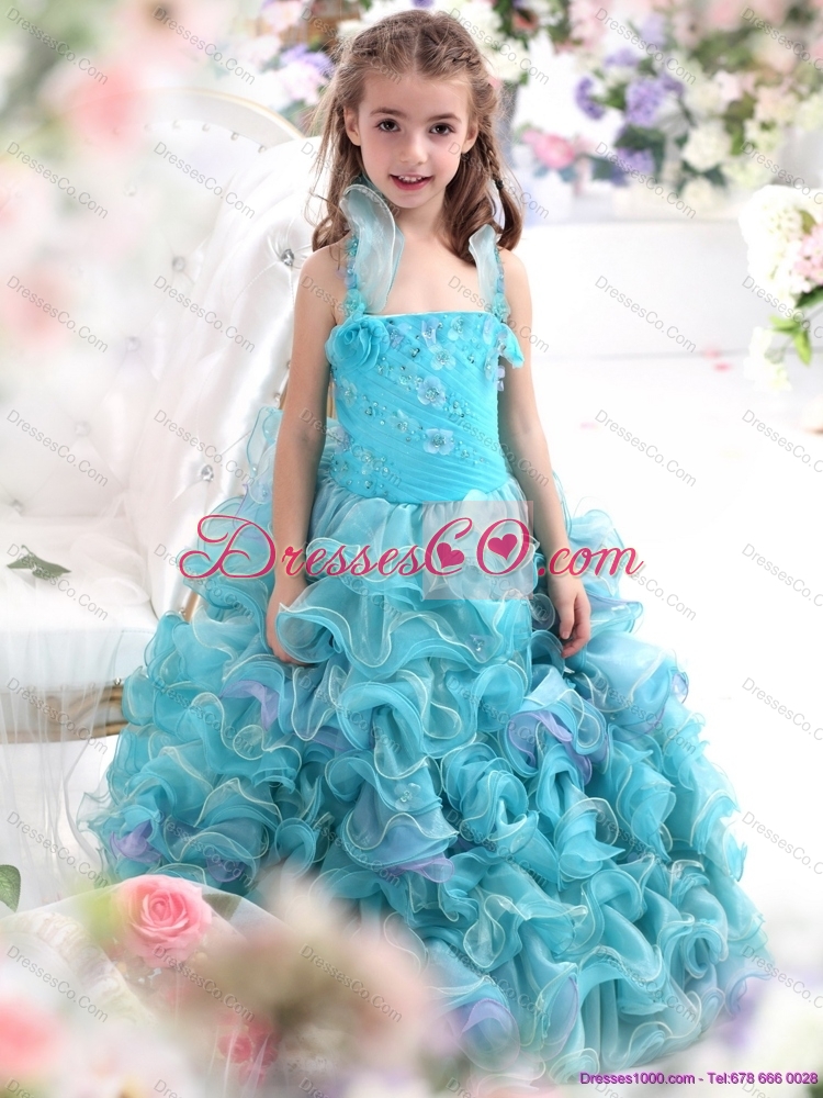 Straps Appliques and Ruffled Layers Girls Party Dress in Aque Blue