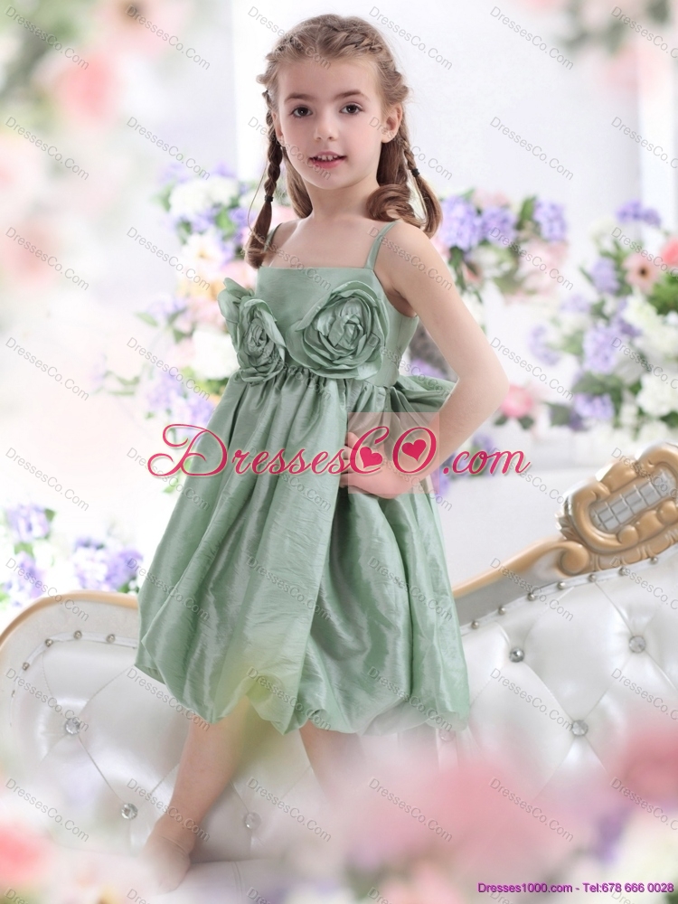 Unique Spaghetti Straps Girls Party Dress with Waistband and Hand Made Flower