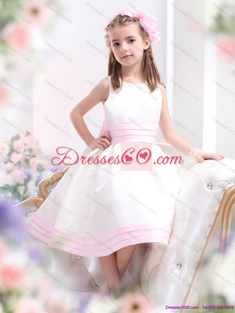 White Scoop Girls Party Dress with Light Pink Bownot