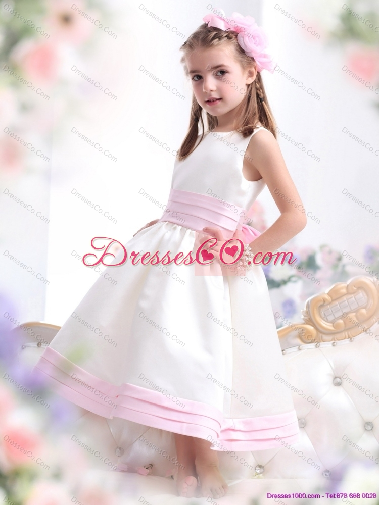 White Scoop Girls Party Dress with Light Pink Bownot