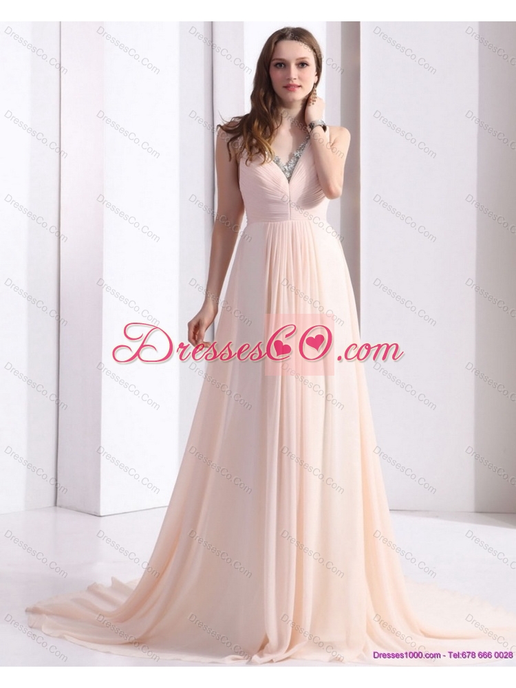 Brush Train Long Prom Dress with Beading and Ruching