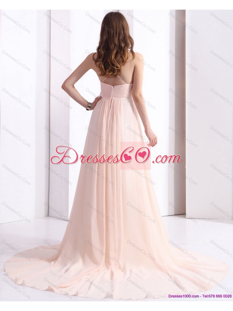 Brush Train Long Prom Dress with Beading and Ruching