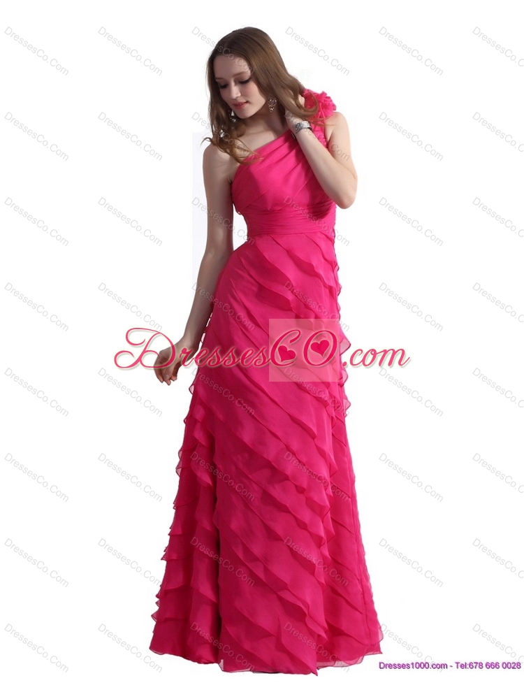 One Shoulder Prom Dress with Ruffled Layers and Hand Made Flower