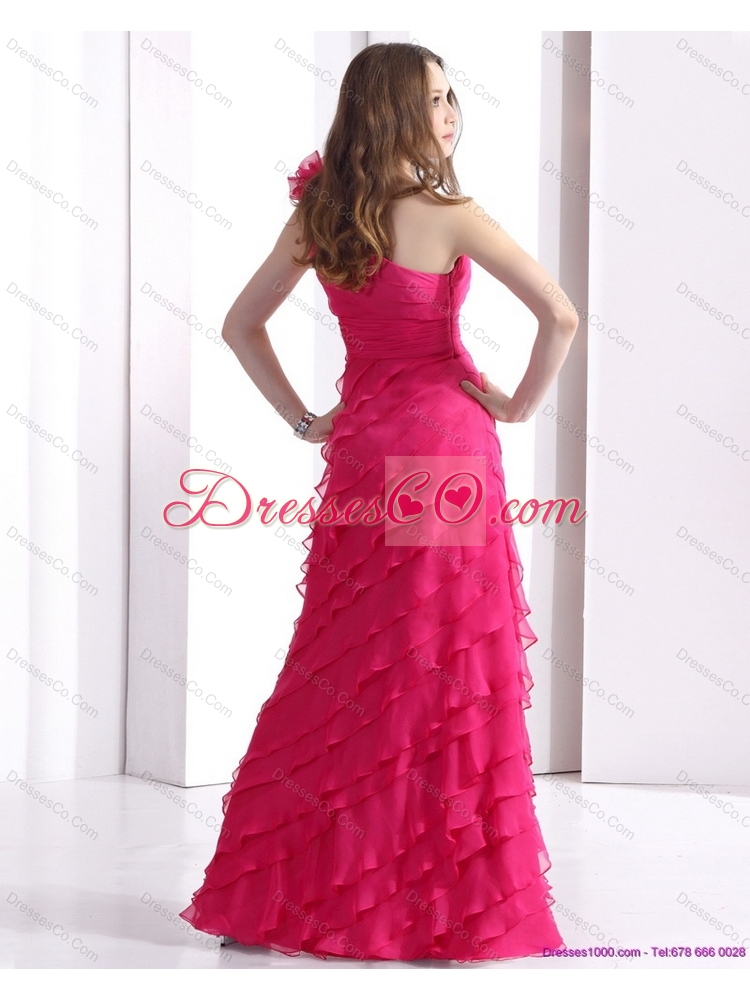 One Shoulder Prom Dress with Ruffled Layers and Hand Made Flower