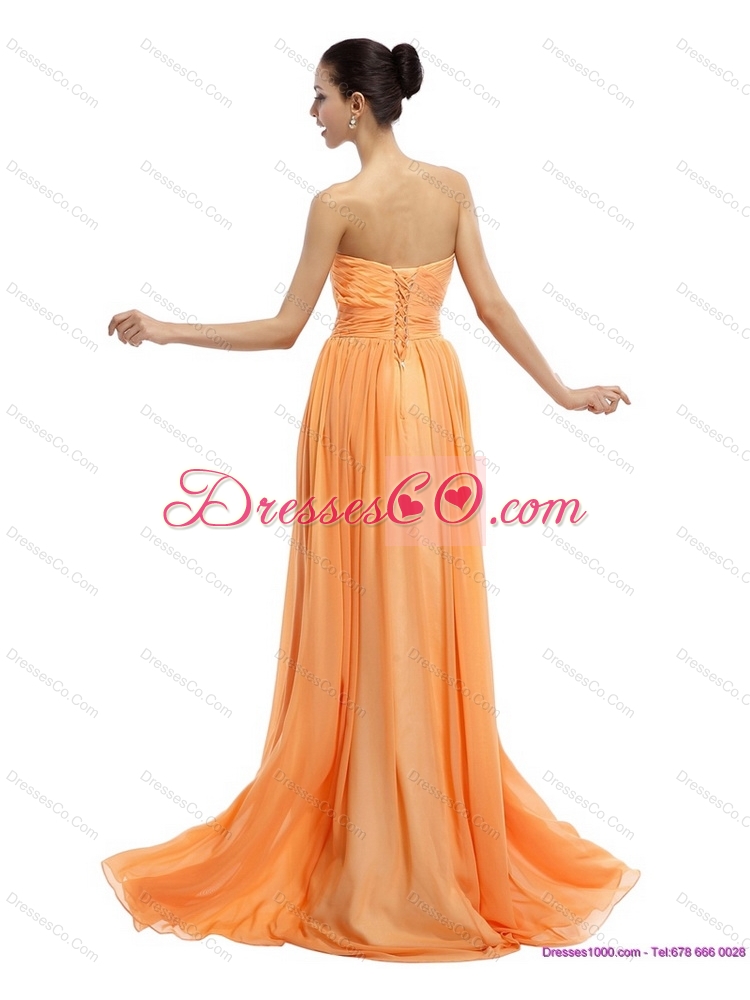 Popular Beading Sweep Train Gold Prom Dress with Ruching