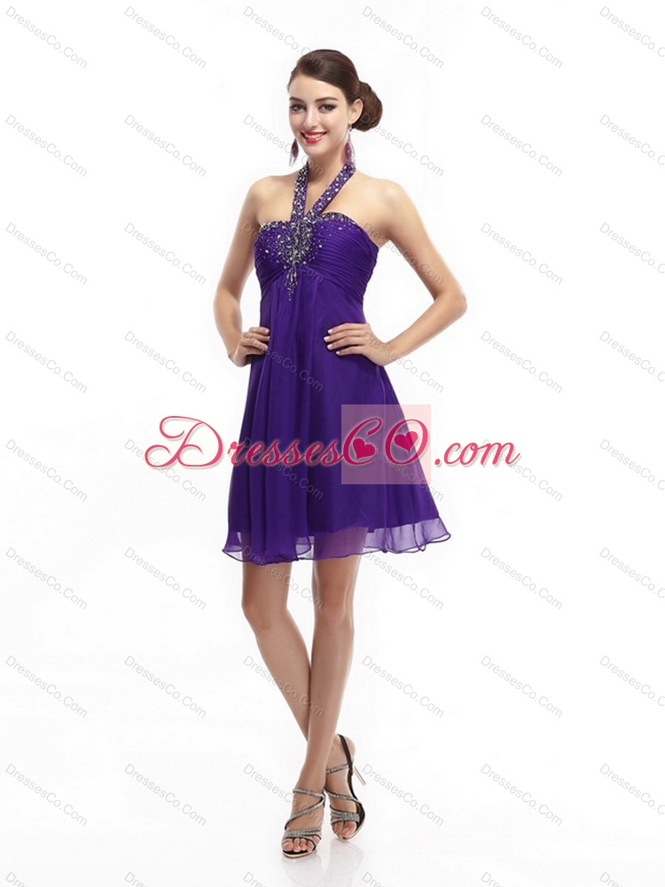 Purple Beading Halter Top  Prom Dress with Ruching