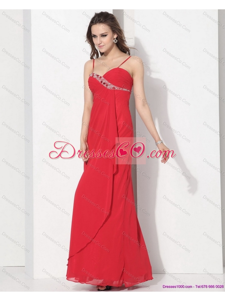 Red Spaghetti Straps Prom Dress with Ruching and Beading