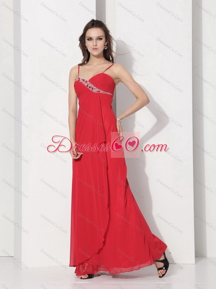 Red Spaghetti Straps Prom Dress with Ruching and Beading