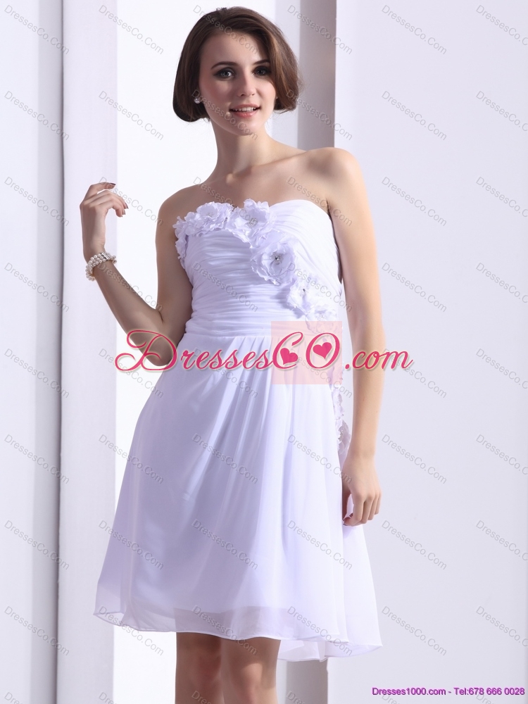 White Strapless Prom Dress with Ruching and Hand Made Flower
