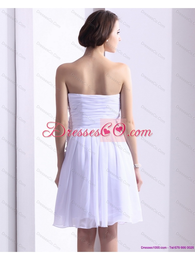 White Strapless Prom Dress with Ruching and Hand Made Flower