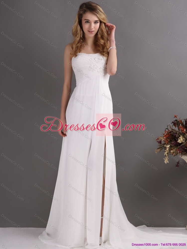 Affordable Ruching and High Slit Prom Dress in White