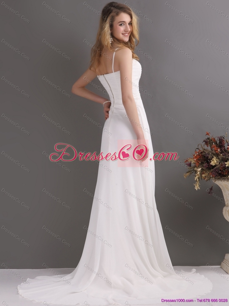 Affordable Ruching and High Slit Prom Dress in White