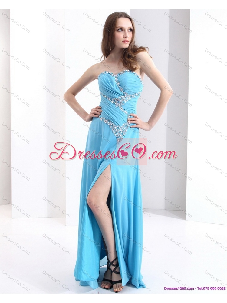 Affordable Ruching Prom Dress with Beading and High Slit