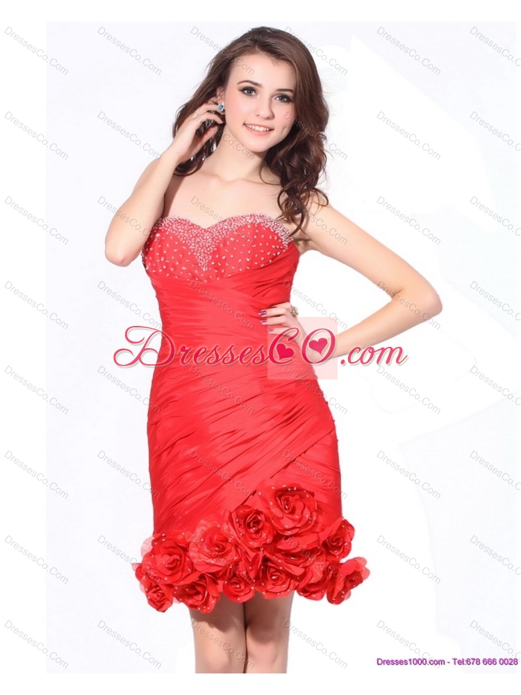 Beading Red Prom Dress with Hand Made Flowers and Ruching