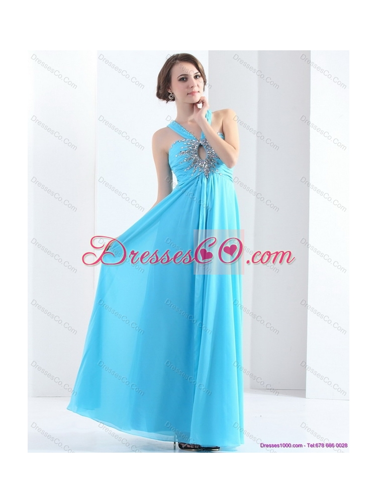Gorgeous Halter Top Floor Length Prom Dress with Ruching and Beading