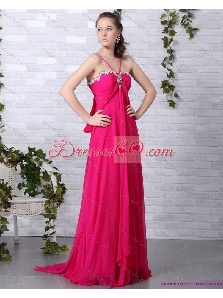 Modern Hot Pink Halter Top Prom Dress with Brush Train
