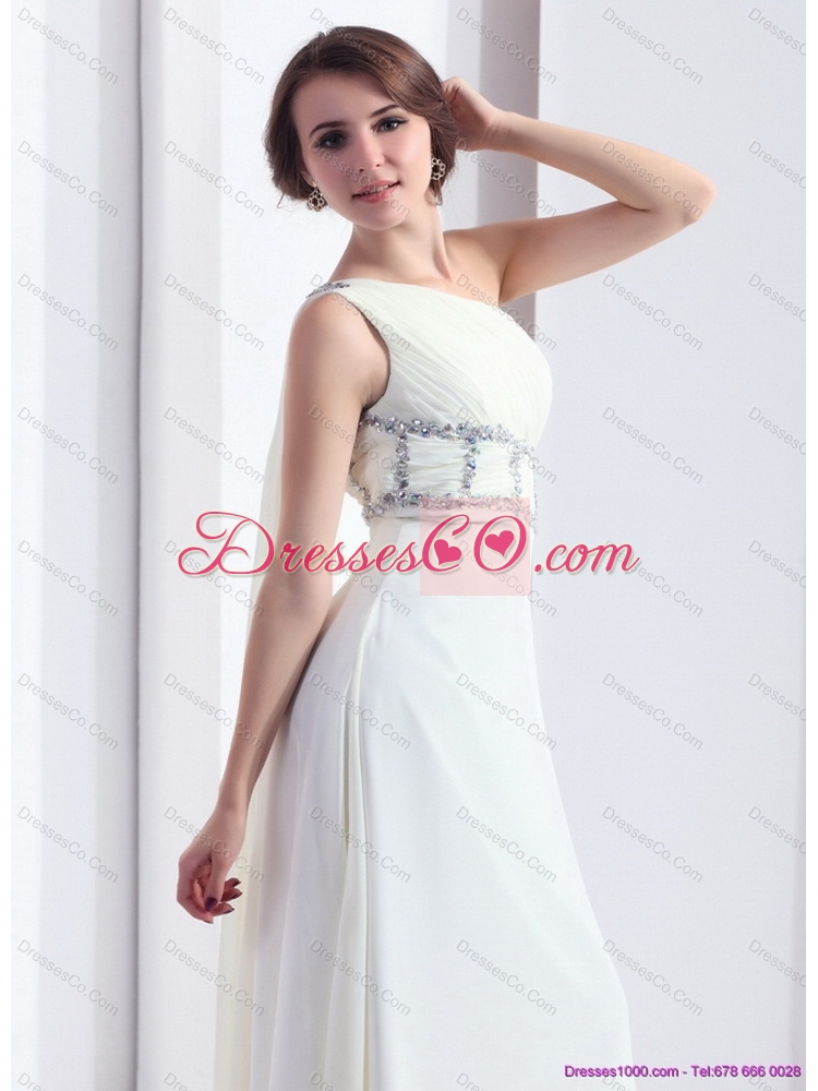 New Style One Shoulder White Prom Dress with Watteau Train and Beading
