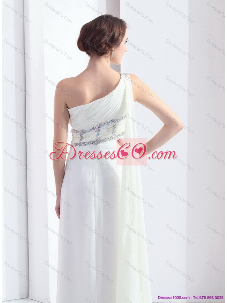 New Style One Shoulder White Prom Dress with Watteau Train and Beading
