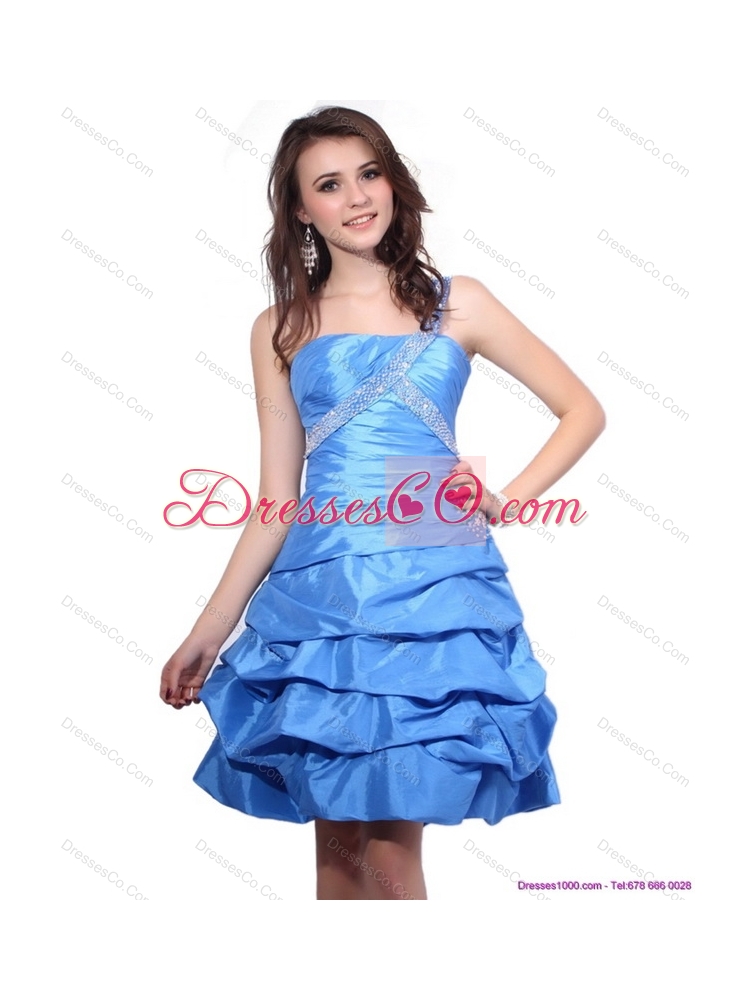 One Shoulder Baby Blue Prom Dress with Pick Ups and Beading