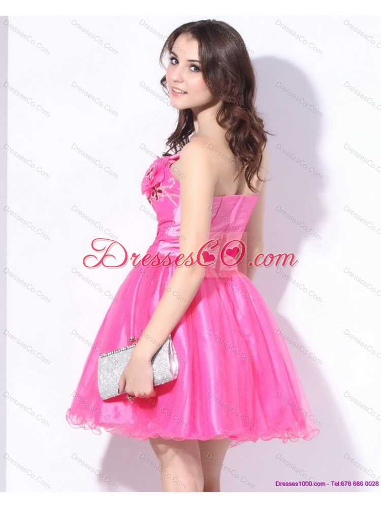 One Shoulder Hot Pink Short Prom Dress with Ruching and Beadin