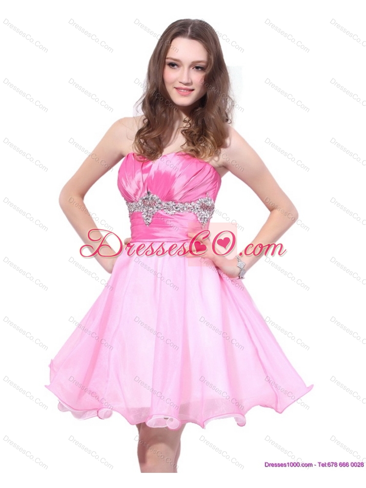 Rose Pink Mini Length Prom Dress with Beading and Ruching