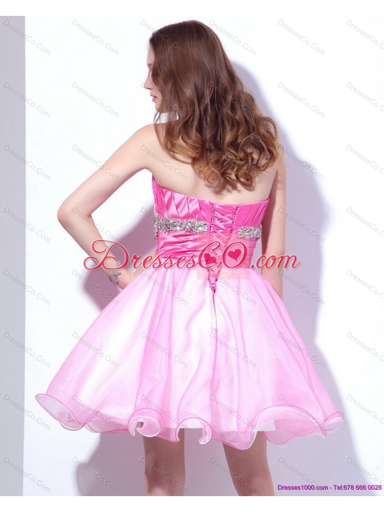 Rose Pink Mini Length Prom Dress with Beading and Ruching