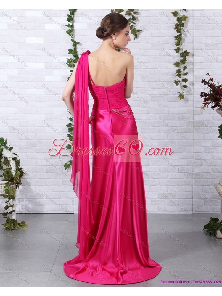 Elegant  One Shoulder Fuchsia Prom Dress with Beading and Ruching