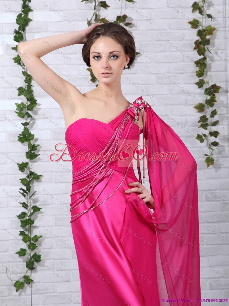 Elegant  One Shoulder Fuchsia Prom Dress with Beading and Ruching