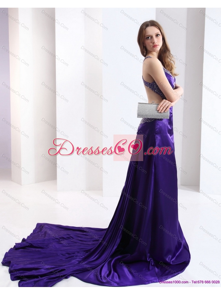 Luxurious  Halter Top Purple Criss Cross Prom Dress with Court Train