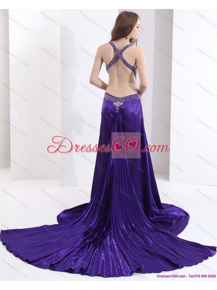 Luxurious  Halter Top Purple Criss Cross Prom Dress with Court Train