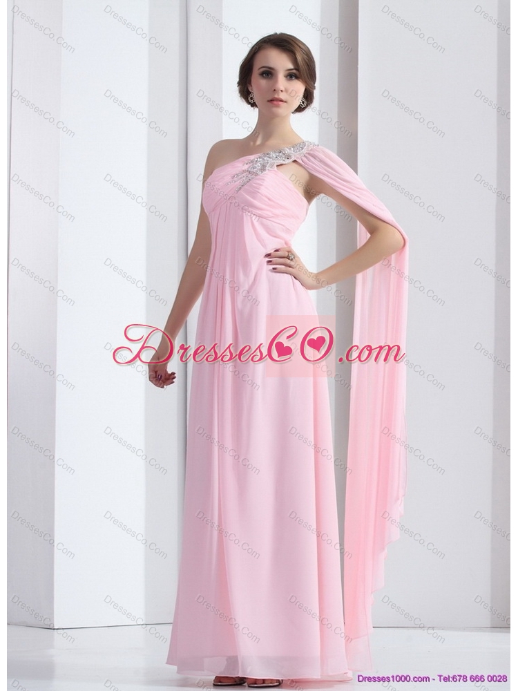 Perfect  One Shoulder Baby Pink Prom Dress with Ruching and Beading