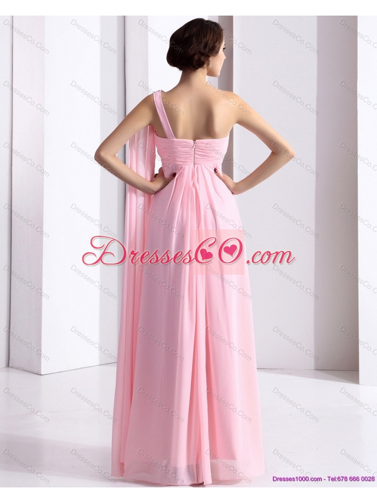 Perfect  One Shoulder Baby Pink Prom Dress with Ruching and Beading