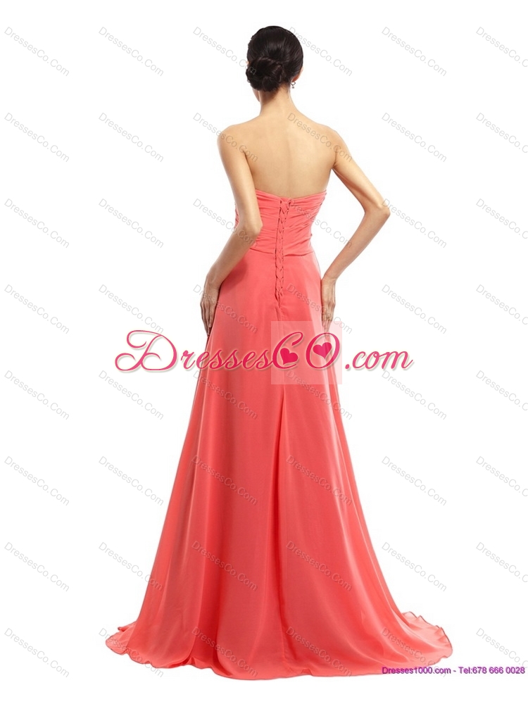 Watermelon Beading Long Prom Dress with   Ruching and Sweep Train