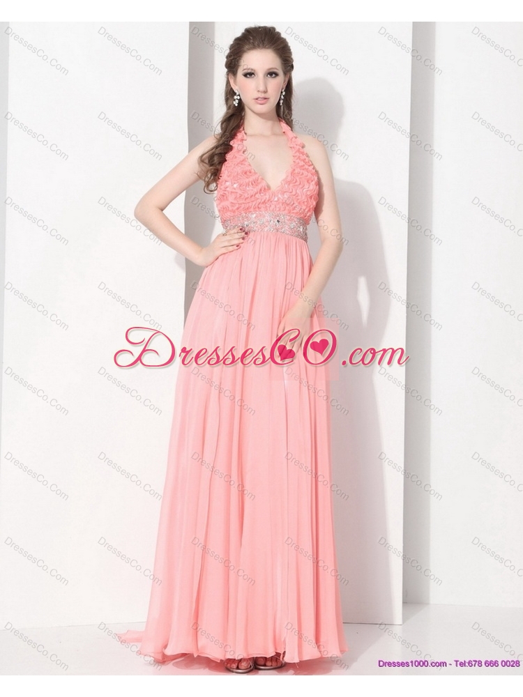 Halter Top Prom Dress with Beading and Ruching