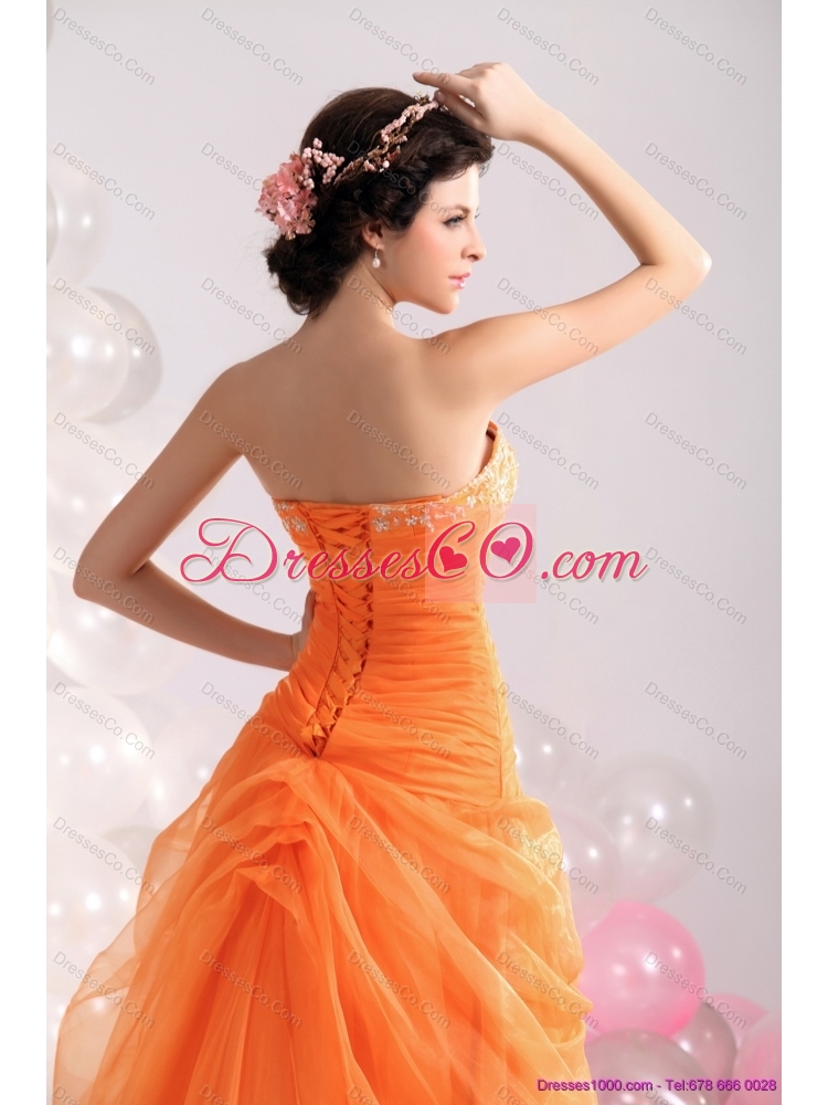Strapless Orange Red Prom Dress with Hand Made Flowers and Beading