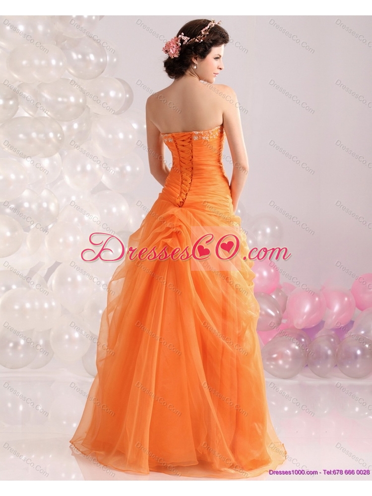 Strapless Orange Red Prom Dress with Hand Made Flowers and Beading