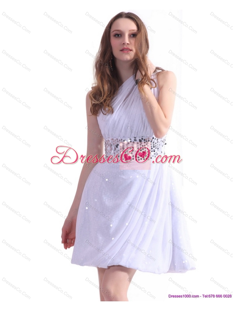 Discount One Shoulder White Prom Dress with Ruching and Sequins