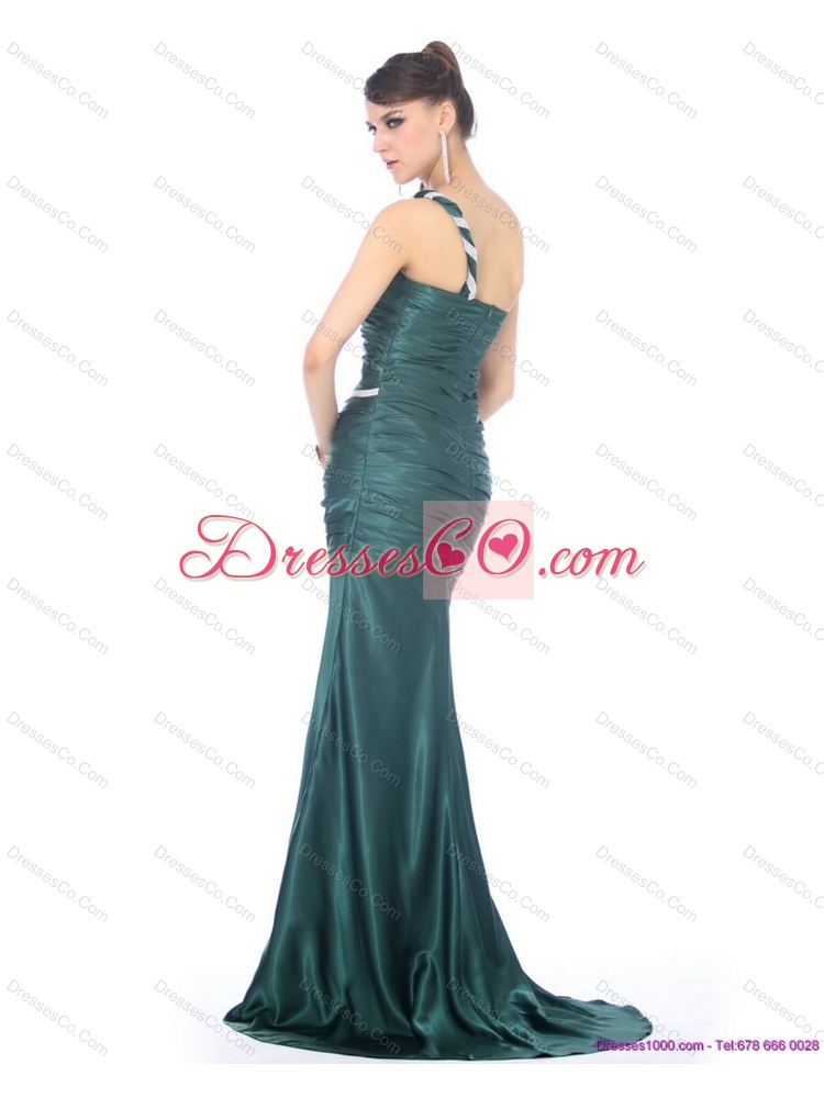 New Style One Shoulde Prom Dress with Ruching and Brush Train